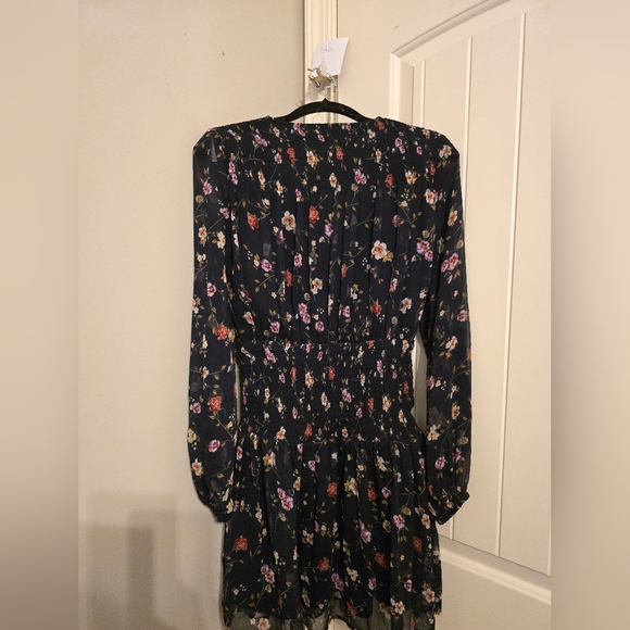 Guess XS Floral Smocked Waist Long-Sleeve Dress in Black Mini Spring Old Money - Picture 5 of 5